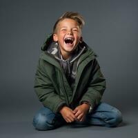 a young boy is laughing while sitting on the floor generative ai photo