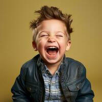 a young boy is laughing while wearing a leather jacket generative ai photo