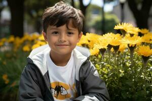 a young boy is sitting in front of some yellow flowers generative ai photo