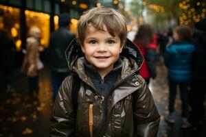 a young boy is standing in front of a crowd generative ai photo