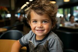 a young boy sitting at a table in a restaurant generative ai photo