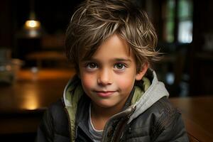 a young boy sitting at a table with a plate of food in front of him generative ai photo