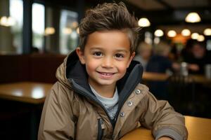 a young boy sitting at a table in a restaurant generative ai photo