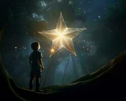 a young boy standing in front of a star in the woods generative ai photo