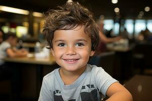 a young boy sitting at a table with a plate of food in front of him generative ai photo