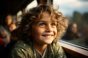 a young boy smiles while sitting on a train generative ai photo