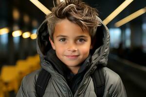 a young boy wearing a jacket and looking at the camera generative ai photo