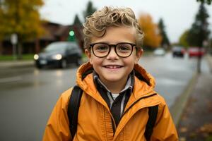 a young boy wearing glasses and an orange jacket generative ai photo