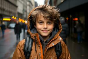 a young boy wearing an orange jacket on a city street generative ai photo