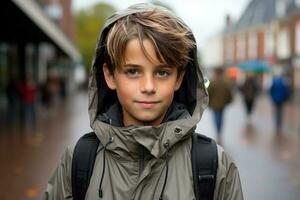un joven chico vistiendo un lluvia chaqueta en un ciudad calle generativo ai foto