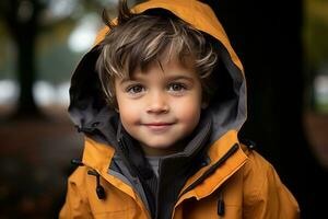 a young boy wearing an orange jacket and looking at the camera generative ai photo