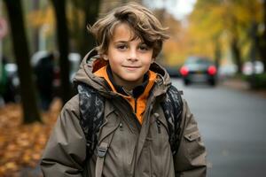 a young boy wearing an orange and brown jacket standing on the street generative ai photo