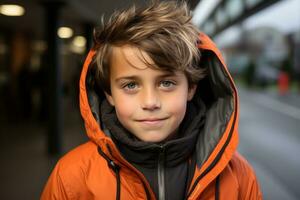 a young boy wearing an orange jacket generative ai photo