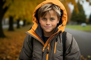 a young boy wearing an orange and gray jacket generative ai photo