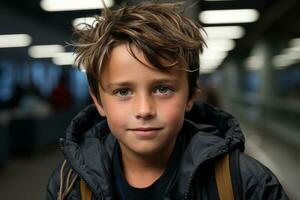 a young boy with a backpack in an airport generative ai photo