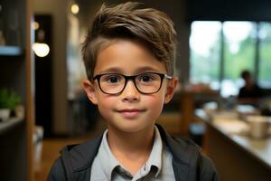 un joven chico vistiendo lentes en un oficina generativo ai foto