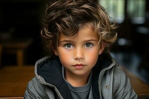 a young boy with curly hair sitting at a table generative ai photo