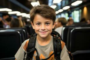 a young boy with a backpack on a bus generative ai photo