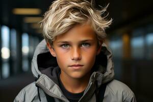 un joven chico con rubia pelo y un gris chaqueta generativo ai foto