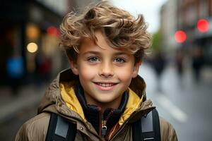 a young boy with curly hair standing on the street generative ai photo