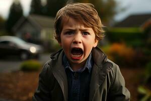 a young boy with his mouth open in front of a car generative ai photo