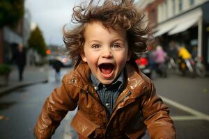 a young boy with his mouth open on the street generative ai photo