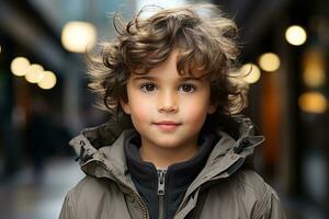 a young boy with curly hair wearing a jacket generative ai photo