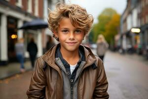 a young boy with curly hair standing on a street generative ai photo