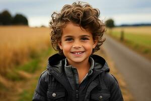 a young boy with curly hair standing on a road generative ai photo