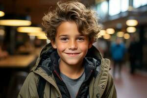 a young boy with curly hair wearing a jacket generative ai photo