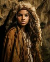 a young girl in a cave wearing a fur hat generative ai photo