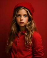 un joven niña en un rojo suéter y sombrero en un rojo antecedentes generativo ai foto