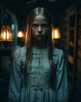 a young girl in a white dress standing in a dark room generative ai photo