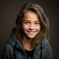 un joven niña en un capucha sonriente para el cámara generativo ai foto