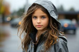 un joven niña en un lluvia chaqueta mirando a el cámara generativo ai foto