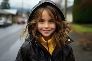 a young girl in a black jacket and yellow shirt standing in the rain generative ai photo