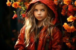 a young girl in a red hooded jacket standing in front of flowers generative ai photo