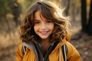 a young girl in a yellow jacket posing for the camera generative ai photo