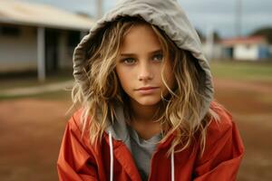a young girl in a red hoodie looking at the camera generative ai photo