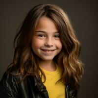 a young girl in a yellow shirt and black jacket generative ai photo