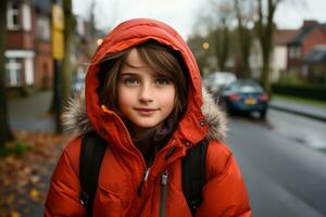 a young girl in an orange coat standing on the street generative ai photo