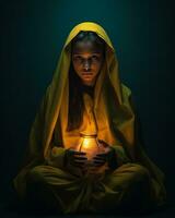 a young girl in a yellow robe holding a candle generative ai photo