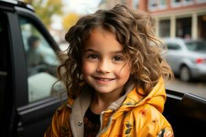 un joven niña en un amarillo chaqueta en pie en el espalda de un coche generativo ai foto