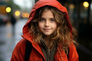 a young girl in an orange jacket on the street generative ai photo