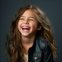 a young girl is laughing while wearing a leather jacket generative ai photo