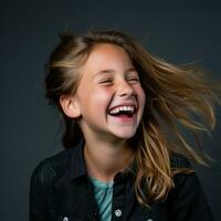 a young girl is laughing and has her hair blowing in the wind generative ai photo