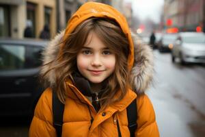 a young girl in an orange jacket standing on the street generative ai photo