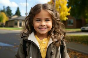 a young girl is smiling while standing on a street generative ai photo