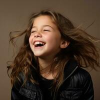 a young girl laughing while wearing a black jacket generative ai photo