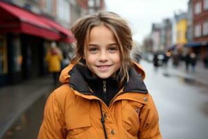 un joven niña en un naranja chaqueta en pie en un calle generativo ai foto